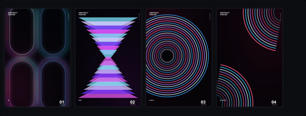Fototapeta premium Futuristic neon orbit animation frames with violet and cyan circular wave patterns on black background