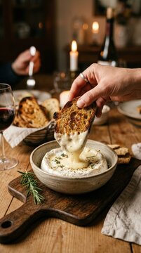 hand dipping piece of toasted bread into warm camembert cheese