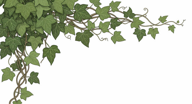 Lush green ivy vines hanging elegantly from the top left corner against a clean white background