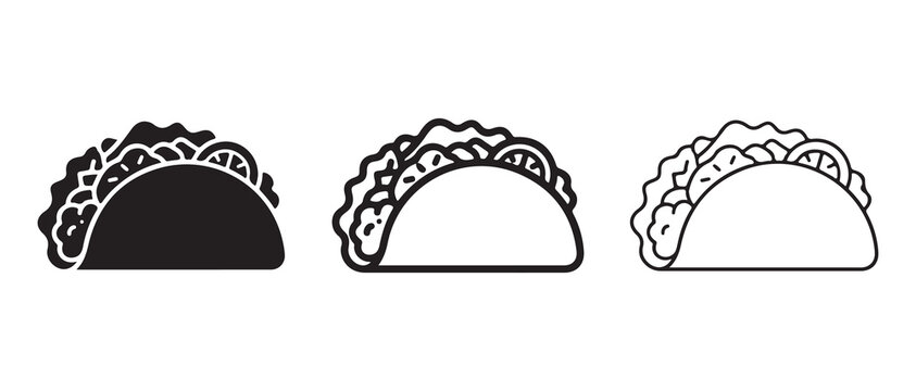 taco illustrations with crinkled tortillas and fillings in different line art styles isolated on transparent background
