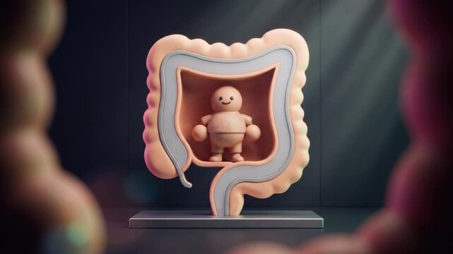 腸構造オブジェの内部で直立姿勢をとるかわいい粘土キャラクターの3Dアニメーション