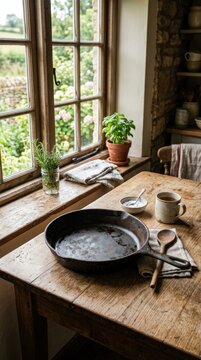 rustic cast iron skillet resting on wooden table by window