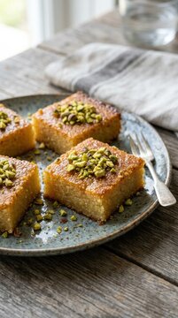 traditional golden semolina cakes garnished with chopped pistachios on plate
