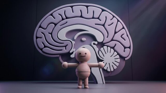 脳断面オブジェを背景に両手を広げるかわいい粘土キャラクターの3Dアニメーション