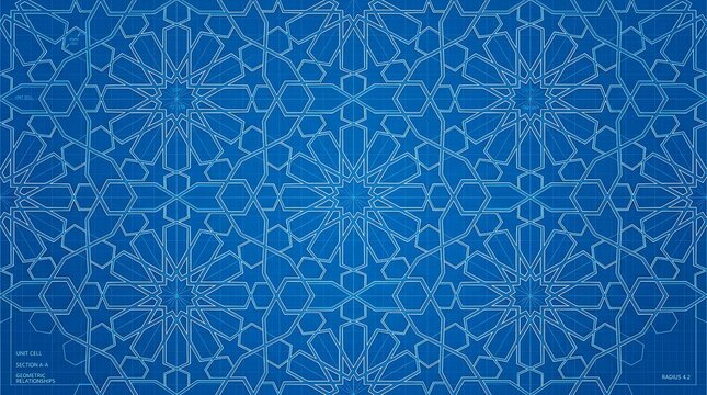 Islamic Seamless Pattern Vector, Light Blue Arabesque Geometric Line Ornament on Blue Background for Ramadan and Eid Design