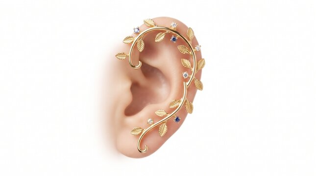 Elegant gold leaf ear cuff jewelry, botanical vine earring with gemstones, luxury floral climber accessory for bridal fashion isolated PNG with Transparent Background