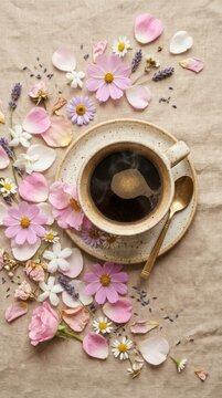 cup of coffee and flower petals on beige background view
