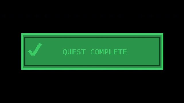 Seamless retro pixel quest complete banner in green with transparent background