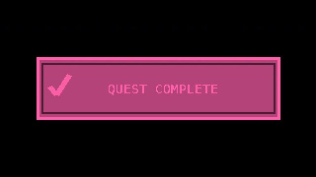 Seamless retro pixel quest complete banner in pink with transparent background