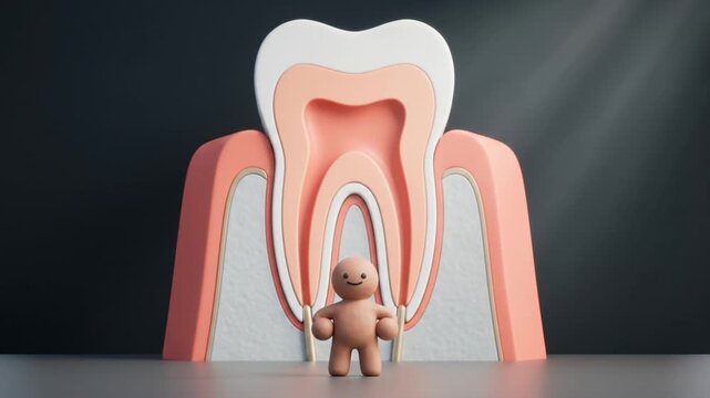 歯と歯周組織の断面オブジェを背に直立する粘土キャラクターの3Dアニメーション