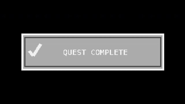 Seamless retro pixel quest complete banner in white with transparent background