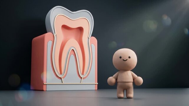 歯と歯周組織の断面オブジェを背に直立する粘土キャラクターの3Dアニメーション