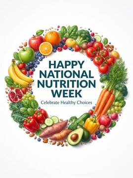 Happy National Nutrition Week colorful food wreath poster celebrating healthy eating choices with fresh fruits and vegetables
