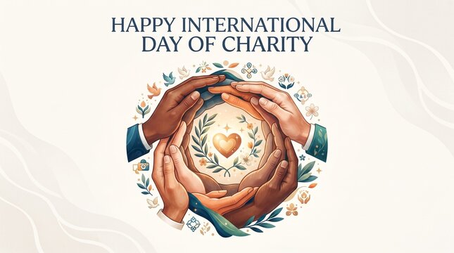  International Day of Charity greeting illustration with hands forming a circle around a glowing heart for compassion and giving