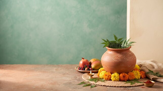 Minimalist Shitala Satam festival still life with traditional clay pot, flowers, fruits and Indian ritual decorations