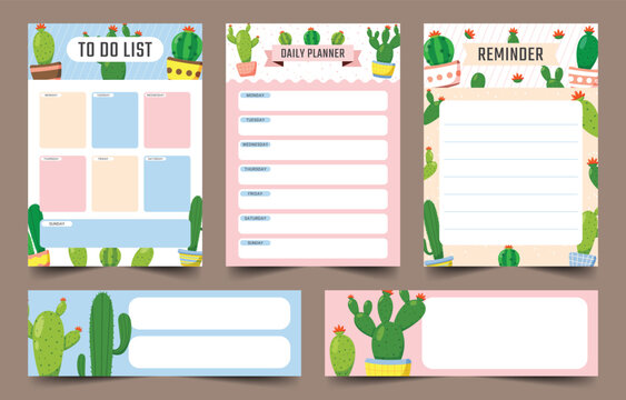 Cactus themed daily planner and to do list vector illustrations with pink and green color scheme