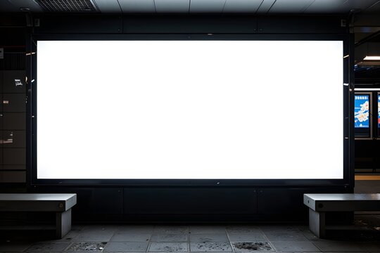 Mockup of a blank white advertising urban billboard indoors in subway hall, empty information banner placeholder template on the metro or railroad station with two concrete benches on the sides