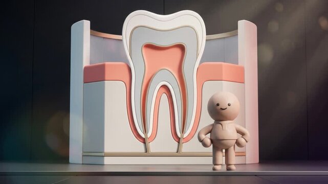 歯と歯周組織の断面オブジェを背に直立する粘土キャラクターの3Dアニメーション