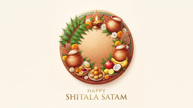 Shitala Satam festival wreath made from traditional Indian food, fruits, flowers and decorative offerings with greeting text