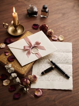 Romantic handwritten letter with envelope, dried flowers and fountain pen on a rustic wooden desk for personal correspondence