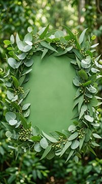 frame made of eucalyptus leaves on green background vertical banner
