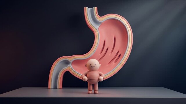 胃の断面構造オブジェを背景に直立姿勢をとる粘土キャラクターの3D動画