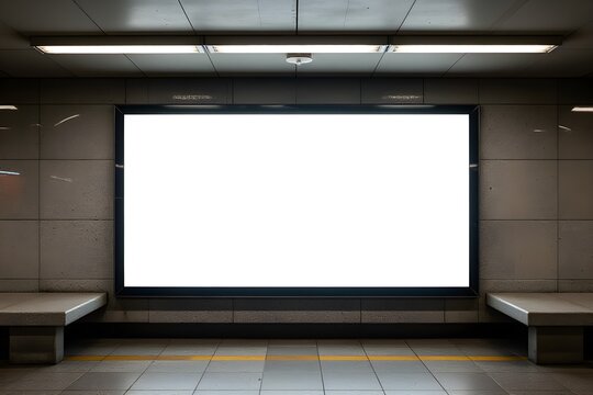 Mockup of a blank white advertising urban billboard indoors in subway hall, empty information banner placeholder template on the metro or railroad station with two concrete benches on the sides