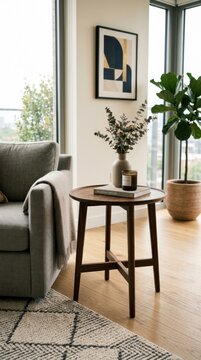 elegant and modern wooden side table in contemporary room setting