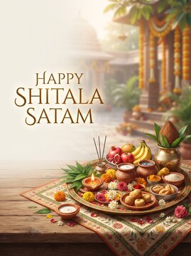Happy Shitala Satam festival greeting design with traditional puja thali, flowers, sweets and Indian temple-inspired setting.