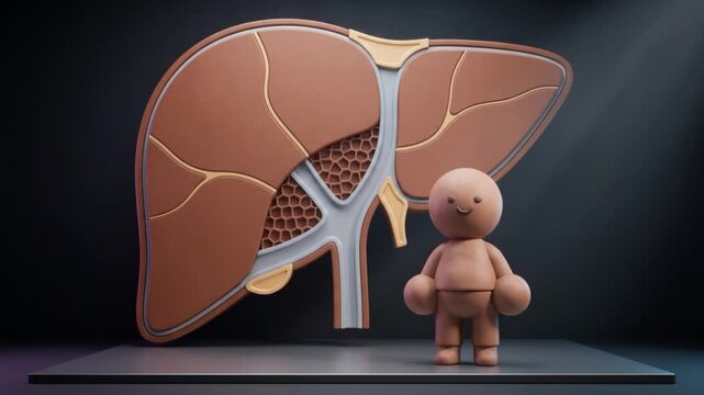 肝臓断面オブジェを背景に直立姿勢をとるかわいい粘土キャラクターの3D動画