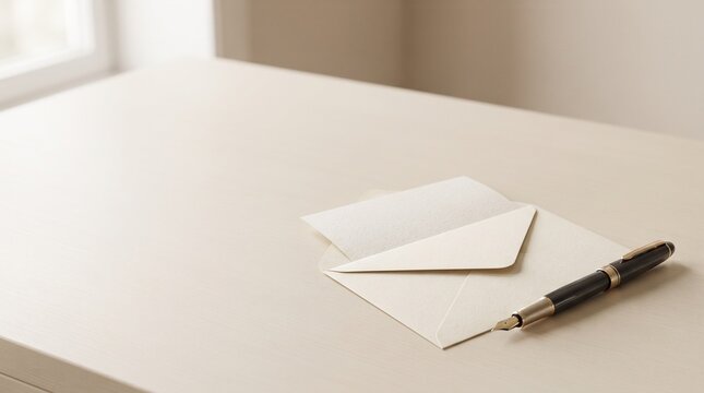 Minimal elegant stationery scene with blank envelope and black pen on a clean white desk, ideal for business or invitation design