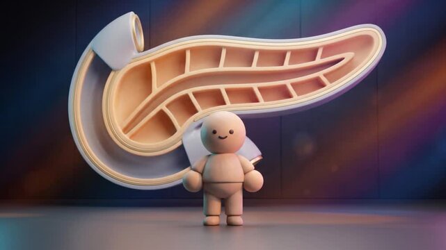 膵臓の断面構造オブジェを背景に直立姿勢をとる粘土キャラクターの3D動画