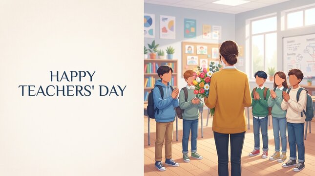 Teachers Day classroom celebration with students presenting flowers to a teacher in a warm educational environment