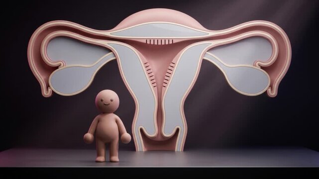 子宮断面オブジェを背景に直立姿勢をとる粘土キャラクターの3D動画