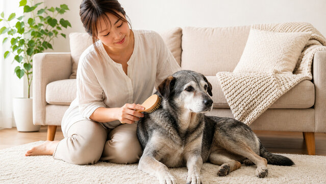 Young Japanese Woman Caring for a Senior Dog at Home,自宅でシニア犬を手入れする若い日本人女性