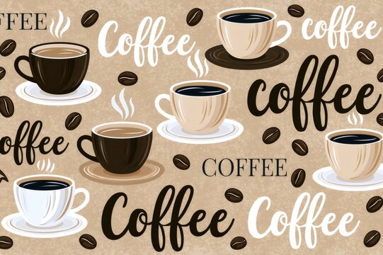 Coffee cups and beans seamless pattern background