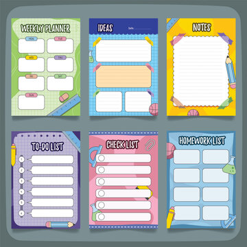 Colorful school stationery themed planner layouts with weekly to do and notes sections weekly schedule todolist