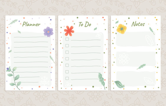 Floral stationery set with planner to do list and notes pages in a watercolor style planner