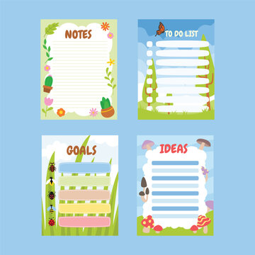 Floral ornament stationery set with notes to do list goals and ideas labels vector illustration checklist
