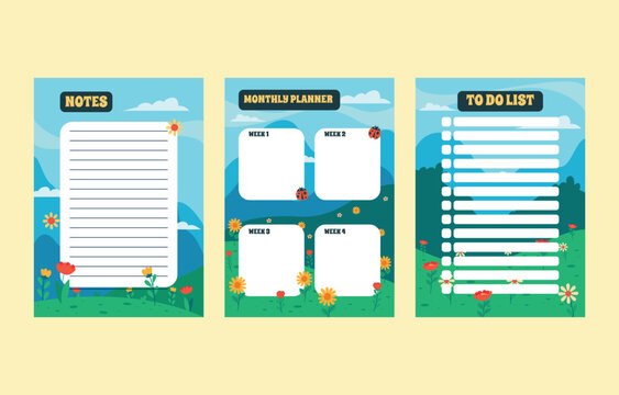 Floral planner pages with notes monthly calendar and to do list vector illustration notes calendar todolist