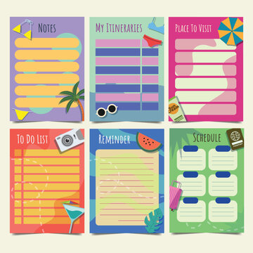 Summer travel themed sticky notes with illustrations and lined paper vector illustration vacation holiday tourism