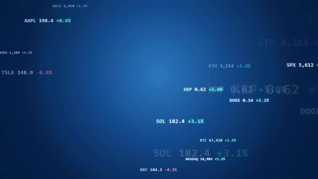 Abstract digital financial data screen with floating stock market tickers and cryptocurrency price updates