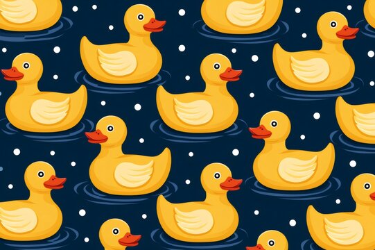 Yellow rubber ducks swimming on dark blue water pattern