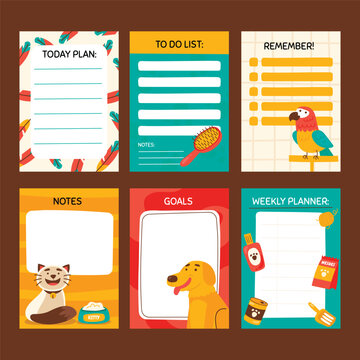 Collection of illustrated planner templates with animal motifs and colorful rectangular frames schedule organization planning