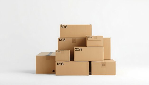 A pile of brown cardboard delivery boxes with printed text markings on a white background shipping cartons parcel stack moving boxes storage boxes brown packages stacked parcels logistic contai