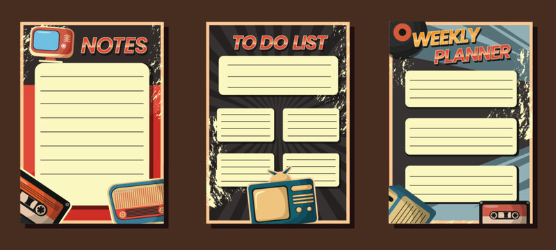 Retro styled planner layouts featuring vintage televisions and cassette players vector illustration television cassetteplayer schedule