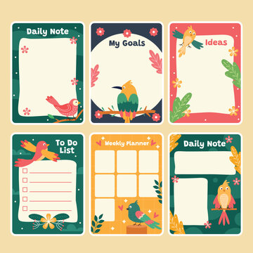 Floral ornament sticker set with birds and text labels colorful vector illustration avian birdlife botanical