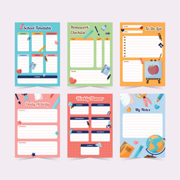 Colorful school stationery themed planner layouts with timetable checklist and notes sections academic agenda appointment