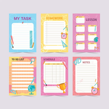 Floral ornament vector illustrations depict school supplies on lined paper backgrounds academic agenda assignment back to school
