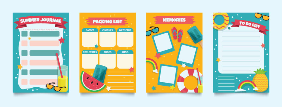 Summer themed journal pages with colorful illustrations and list templates in a flat vector style